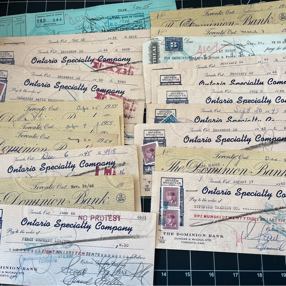 50 Vintage Cancelled Cheques with Stamps - Ephemera